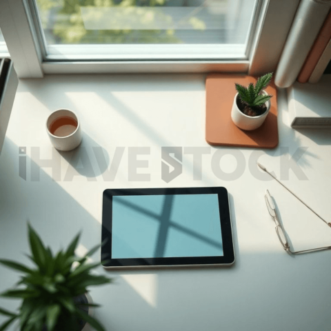 Cinematic landing page   UI concept — tablet screen UI concept screen (shape layout, no text), clean tech workspace with natural light — premium digital advertising asset #0282