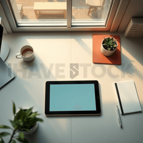 Cinematic landing page   UI concept — tablet screen UI concept screen (shape layout, no text), clean tech workspace with natural light — premium digital advertising asset #0290