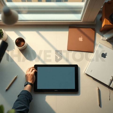 Cinematic landing page   UI concept — tablet screen UI concept screen (shape layout, no text), clean tech workspace with natural light — premium digital advertising asset #0292
