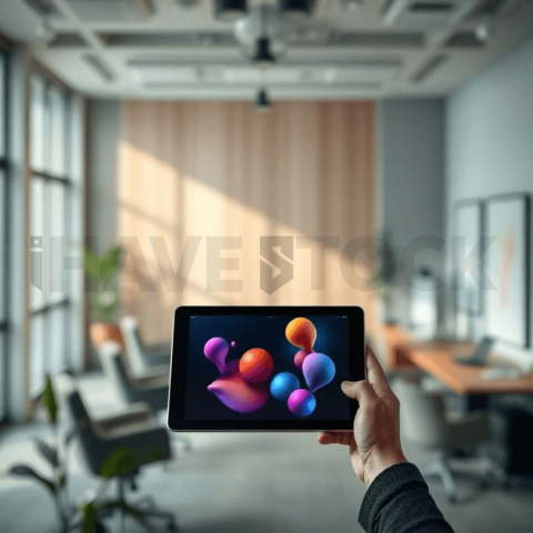 Cinematic landing page   UI concept — tablet screen UI concept screen (shape layout, no text), modern SaaS office environment — premium digital advertising asset #0288