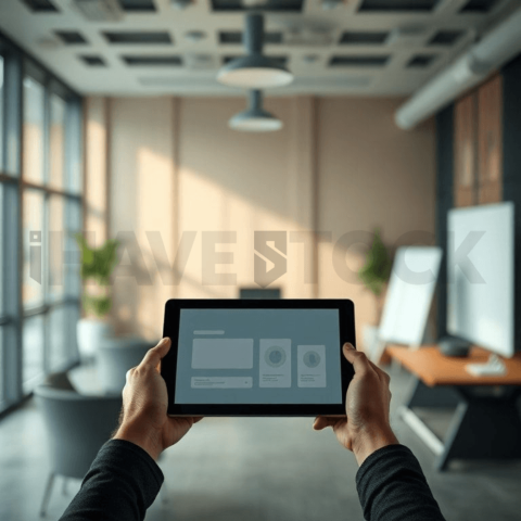 Cinematic landing page   UI concept — tablet screen UI concept screen (shape layout, no text), modern SaaS office environment — premium digital advertising asset #0286