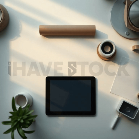 Cinematic landing page   UI concept — tablet screen UI concept screen (shape layout, no text), premium minimalist workspace — premium digital advertising asset #0270