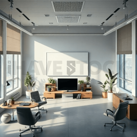 Cinematic landing page   UI concept — ultrawide display screen UI concept screen (shape layout, no text), modern SaaS office environment — premium digital advertising asset #0272