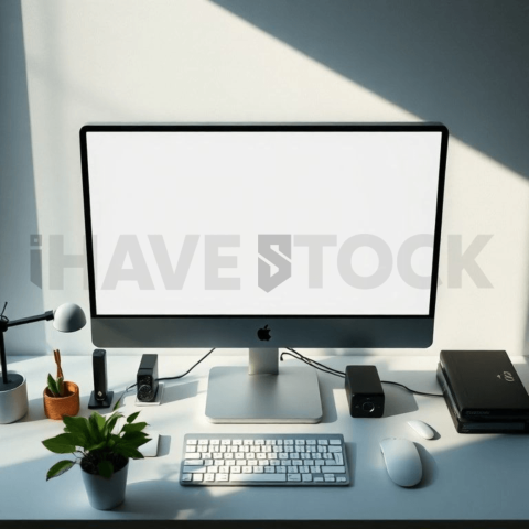 Cinematic landing page   UI concept — desktop monitor screen 100  empty mockup screen, clean tech workspace with natural light — premium digital advertising asset #0273