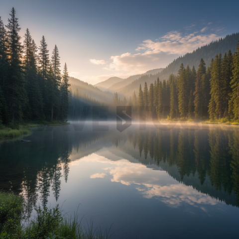 Mirror Lake Surrounded By Pines   Lakes & Rivers N&L RVS 0010