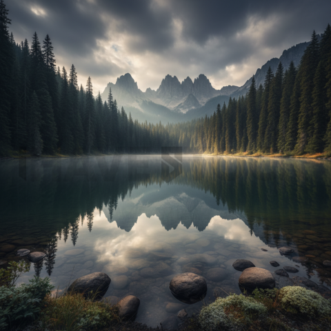 Mirror Lake Surrounded By Pines   Lakes & Rivers N&L RVS 0019