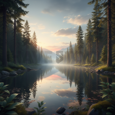 Mirror Lake Surrounded By Pines   Lakes & Rivers N&L RVS 0045