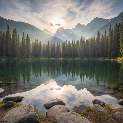 Mirror Lake Surrounded By Pines   Lakes & Rivers N&L RVS 0076