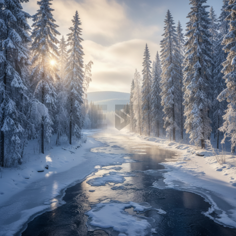 Icy River In Winter Forest   Winter & Snow N&L SNW 0059