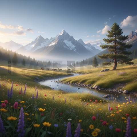 Alpine Meadow Under Blue Sky   Mountains & Valleys N&L VAL 0056