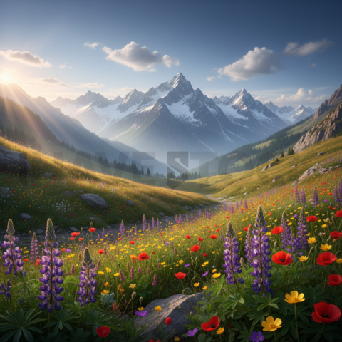 Alpine Meadow Under Blue Sky   Mountains & Valleys N&L VAL 0038