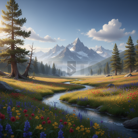 Alpine Meadow Under Blue Sky   Mountains & Valleys N&L VAL 0058