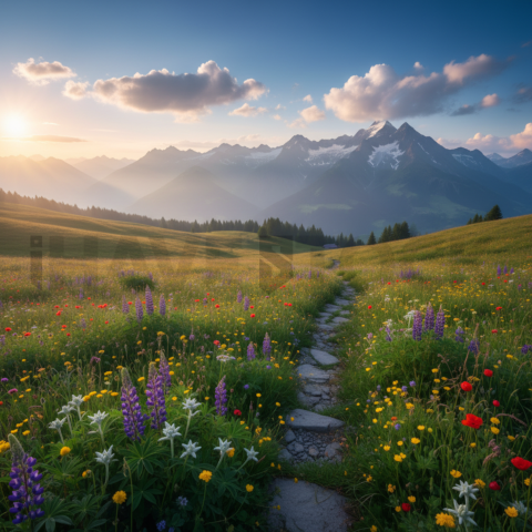 Alpine Meadow Under Blue Sky   Mountains & Valleys N&L VAL 0073