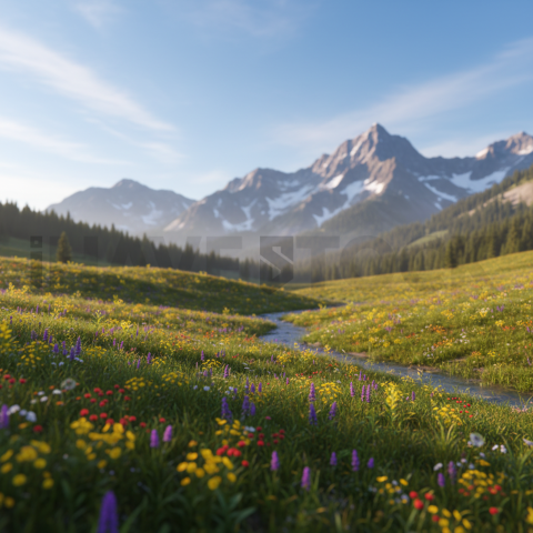 Alpine Meadow Under Blue Sky   Mountains & Valleys N&L VAL 0098