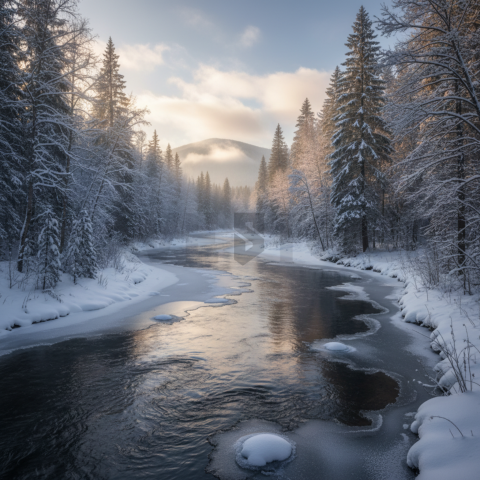 Icy River In Winter Forest   Winter & Snow N&L SNW 0040