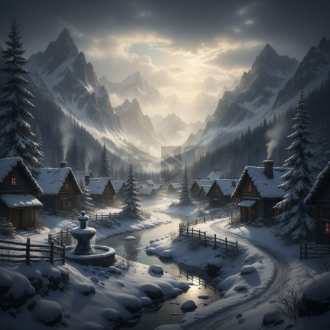 Snow Covered Village   Winter & Snow N&L SNW 0029