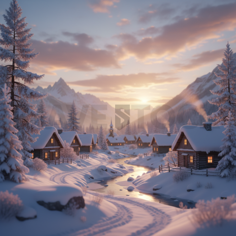 Snow Covered Village   Winter & Snow N&L SNW 0033