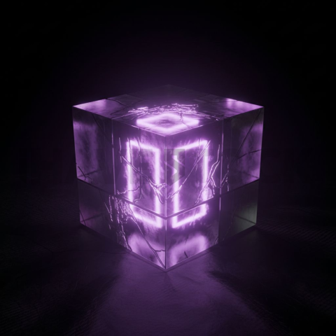 Minimalism Glassmorphism Cube Render Purple Glow 2025 – 8K Minimal Black UI Mockup