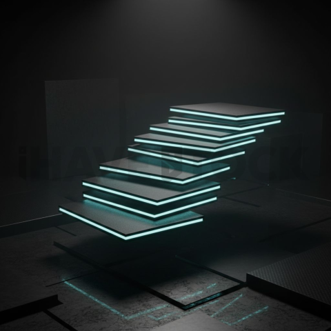 Dark Layered Card Stack Cyan Glow 2025 – 8K Minimal Black UI Mockup