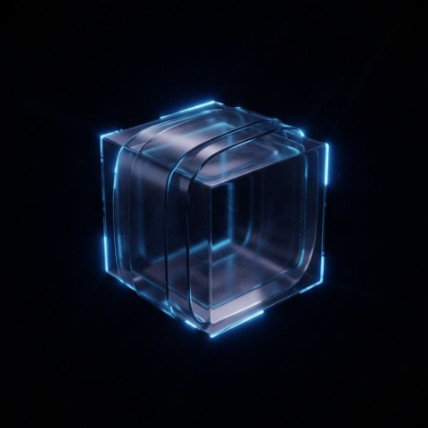 Glassy Floating Cube Blue Electric Strong Glow Dark Glassmorphism Element 2025 – 8K