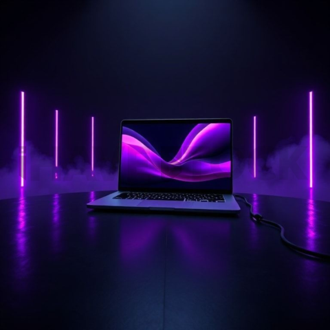 Macbook Pro 16 Floating Dark Mockup Purple Glow 2025 – 8K Minimal Black UI Mockup