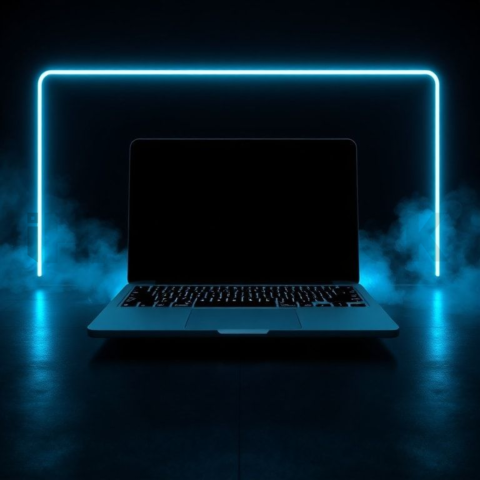 Macbook Pro 16 Floating Dark Mockup Cyan Glow 2025 – 8K Minimal Black UI Mockup