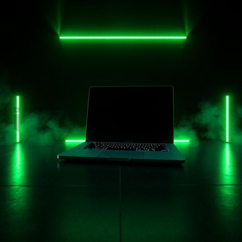 Macbook Pro 16 Floating Dark Mockup Green Neon Glow 2025 – 8K Minimal Black UI Mockup