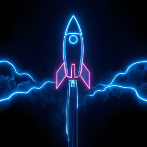 Abstract Neon Line Rocket Icon Blue Electric Glow 2025 – 8K Minimal Black UI Mockup
