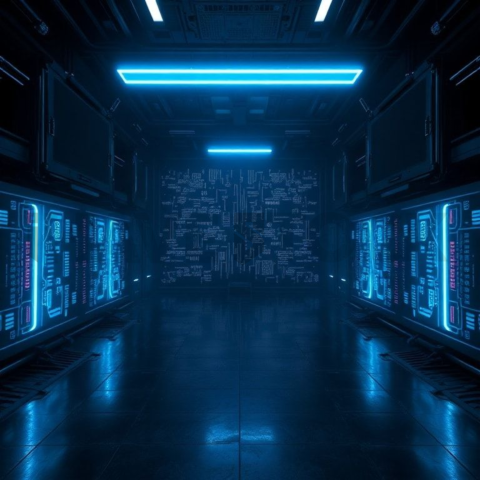 Cyberpunk Dark Terminal Code Mockup Blue Electric Glow 2025 – 8K Minimal Black UI Mockup