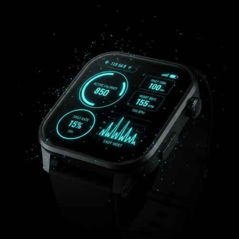 Dark Mode Smartwatch Fitness Ui Cyan Glow 2025 – 8K Minimal Black UI Mockup