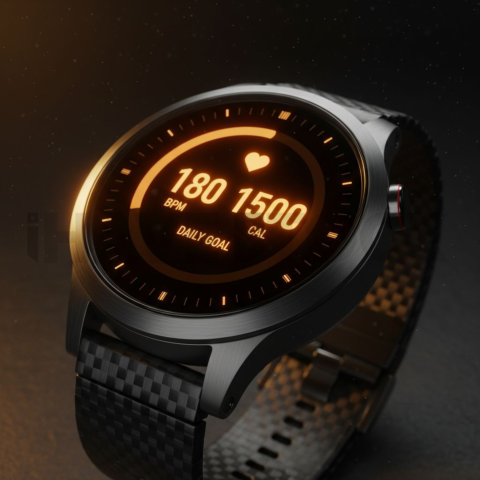Dark Mode Smartwatch Fitness Ui Amber Glow 2025 – 8K Minimal Black UI Mockup