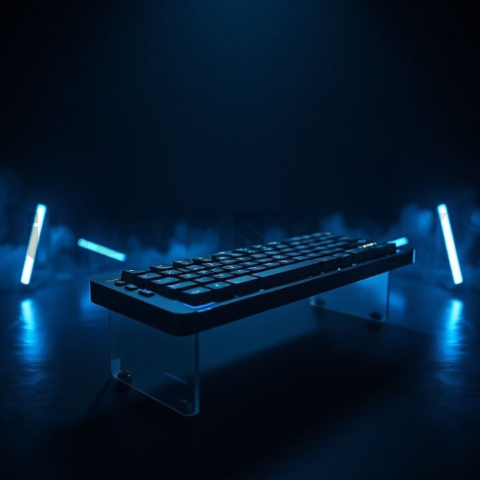 Floating Keyboard Dark Render Blue Electric Glow 2025 – 8K Minimal Black UI Mockup