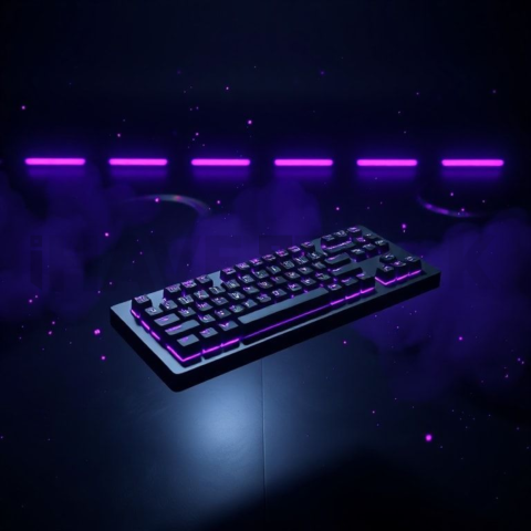Floating Keyboard Dark Render Purple Glow 2025 – 8K Minimal Black UI Mockup