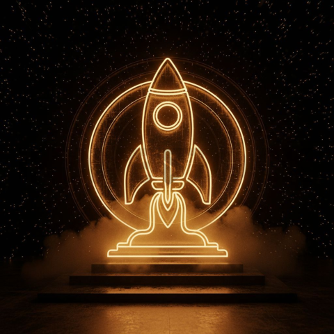 Abstract Neon Line Rocket Icon Amber Glow 2025 – 8K Minimal Black UI Mockup MKT GLS 0083