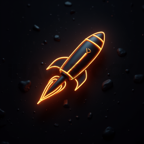 Abstract Neon Line Rocket Icon Amber Glow 2025 – 8K Minimal Black UI Mockup MKT GLS 0113
