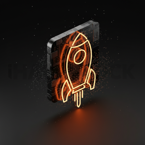 Abstract Neon Line Rocket Icon Amber Glow 2025 – 8K Minimal Black UI Mockup MKT GLS 1105