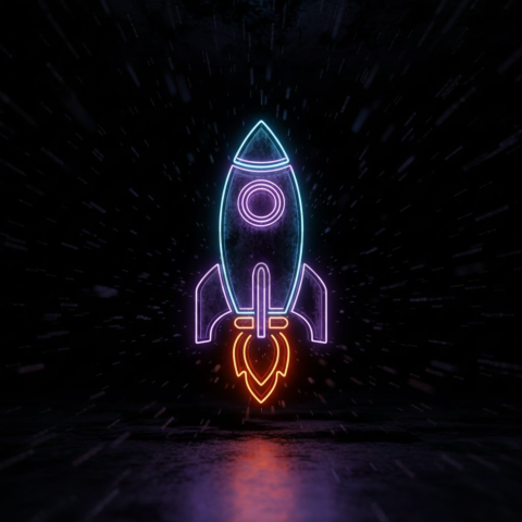 Abstract Neon Line Rocket Icon Orange Fire Glow 2025 – 8K Minimal Black UI Mockup MKT GLS 1137