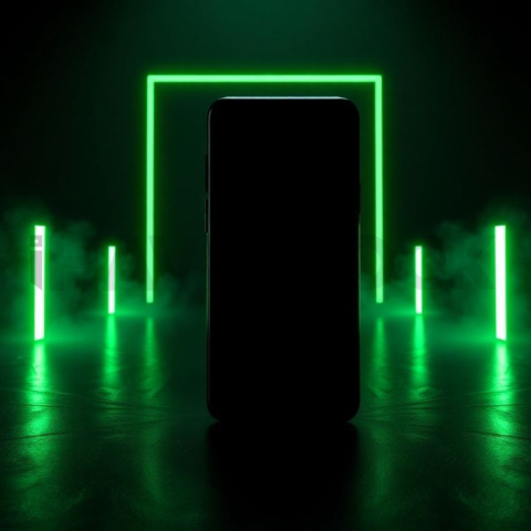 Black Void Smartphone Render Green Neon Glow 2025 – 8K Minimal Black UI Mockup MKT GLS 1249
