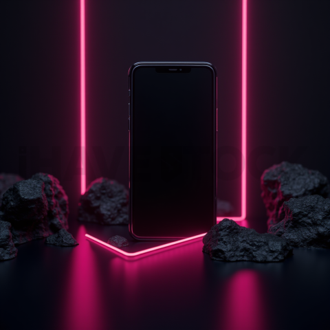Black Void Smartphone Render Magenta Glow 2025 – 8K Minimal Black UI Mockup MKT GLS 0362