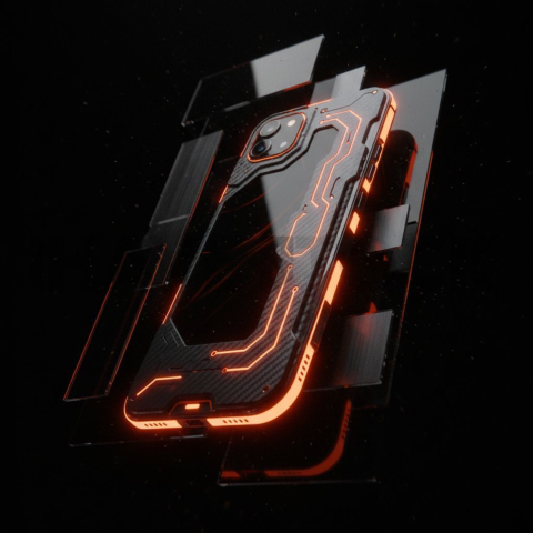 Black Void Smartphone Render Orange Fire Glow 2025 – 8K Minimal Black UI Mockup MKT GLS 0099