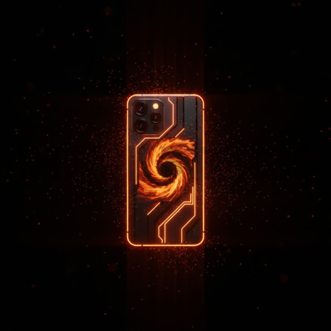 Black Void Smartphone Render Orange Fire Glow 2025 – 8K Minimal Black UI Mockup MKT GLS 0933