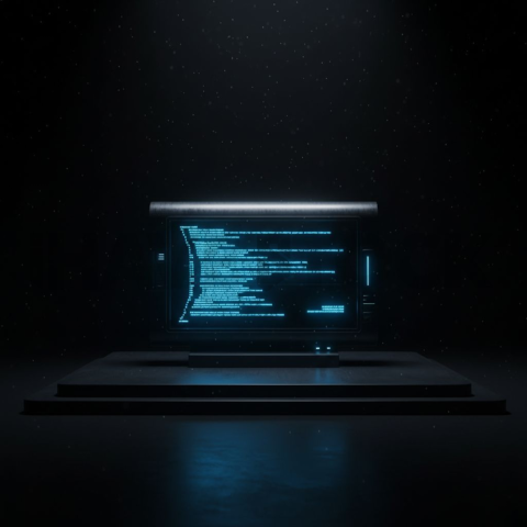 Cyberpunk Dark Terminal Code Mockup Blue Electric Glow 2025 – 8K Minimal Black UI Mockup MKT GLS 0817