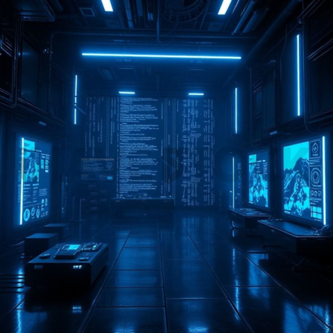Cyberpunk Dark Terminal Code Mockup Blue Electric Glow 2025 – 8K Minimal Black UI Mockup MKT GLS 1296