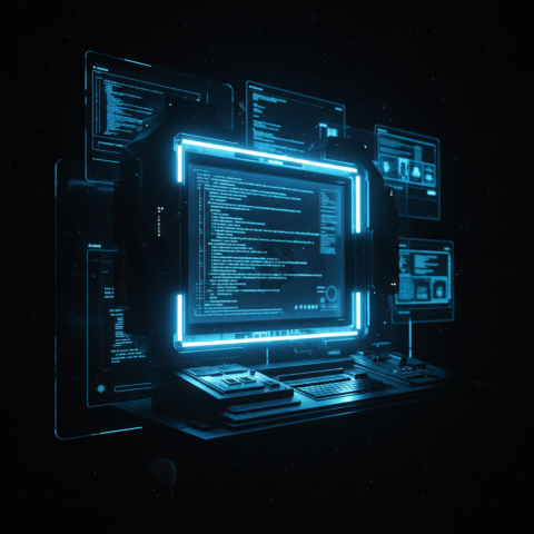 Cyberpunk Dark Terminal Code Mockup Blue Electric Glow 2025 – 8K Minimal Black UI Mockup MKT GLS 1319