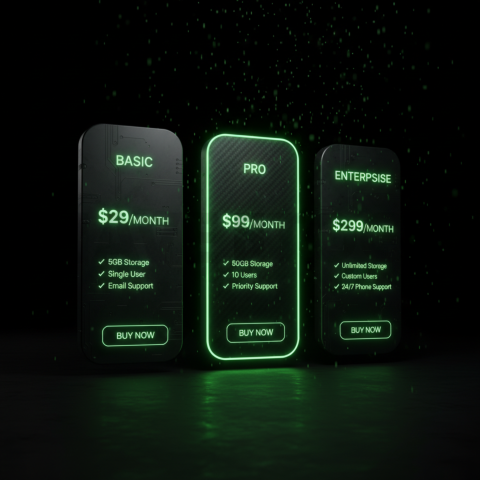 Dark Pricing Table Ui Component Green Neon Glow 2025 – 8K Minimal Black UI Mockup MKT GLS 0869