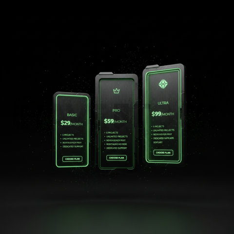 Dark Pricing Table Ui Component Green Neon Glow 2025 – 8K Minimal Black UI Mockup MKT GLS 0853