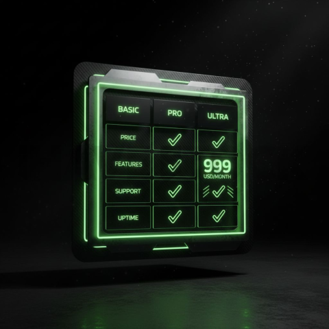 Dark Pricing Table Ui Component Green Neon Glow 2025 – 8K Minimal Black UI Mockup MKT GLS 1031