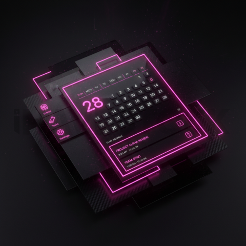 Dark Mode Calendar Ui Mockup Magenta Glow 2025 – 8K Minimal Black UI Mockup MKT GLS 0201
