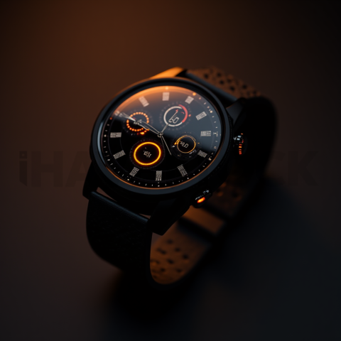 Dark Mode Smartwatch Fitness Ui Amber Glow 2025 – 8K Minimal Black UI Mockup MKT GLS 0906