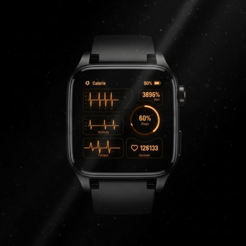 Dark Mode Smartwatch Fitness Ui Amber Glow 2025 – 8K Minimal Black UI Mockup MKT GLS 0087